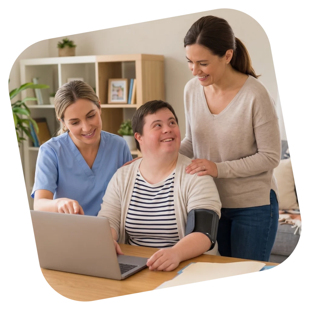 Support worker helping an NDIS participant manage their self-managed or plan-managed funding choices